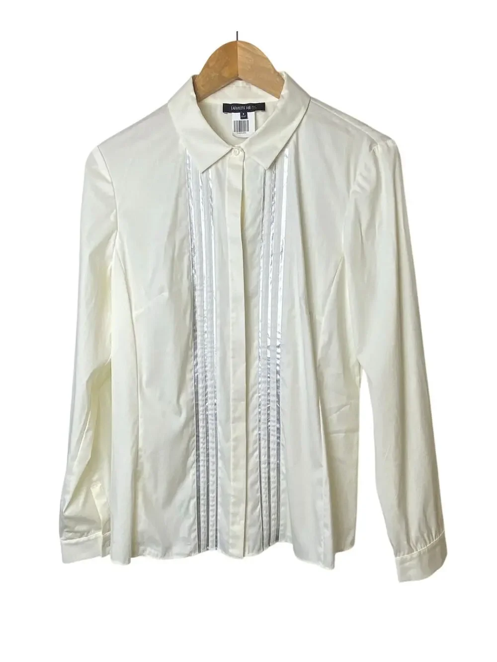 Lafayette 148 Classic Ivory Button Collared Blouse Silver Vertical Detail Size 8 - Picture 1 of 9